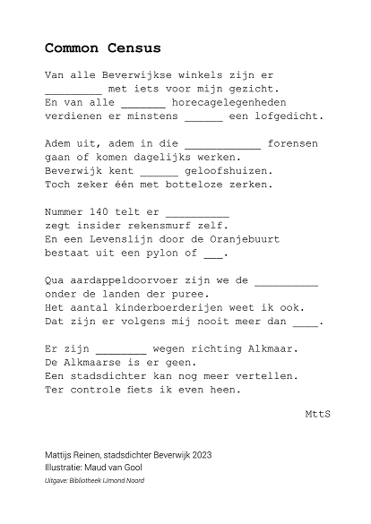 Achterzijde ansichtkaart met met gedicht Common Census door Mattijs Reinen